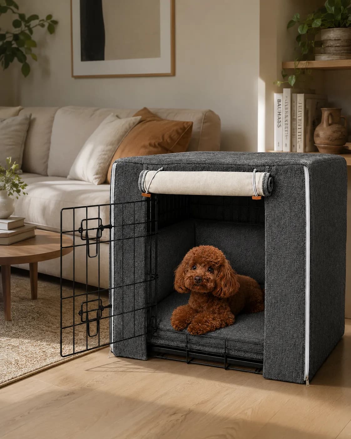 פודל טוי חום-אדמדם שוכב בתוך כלוב עם כיסוי CrateHome אפור גרפיט בסלון חם